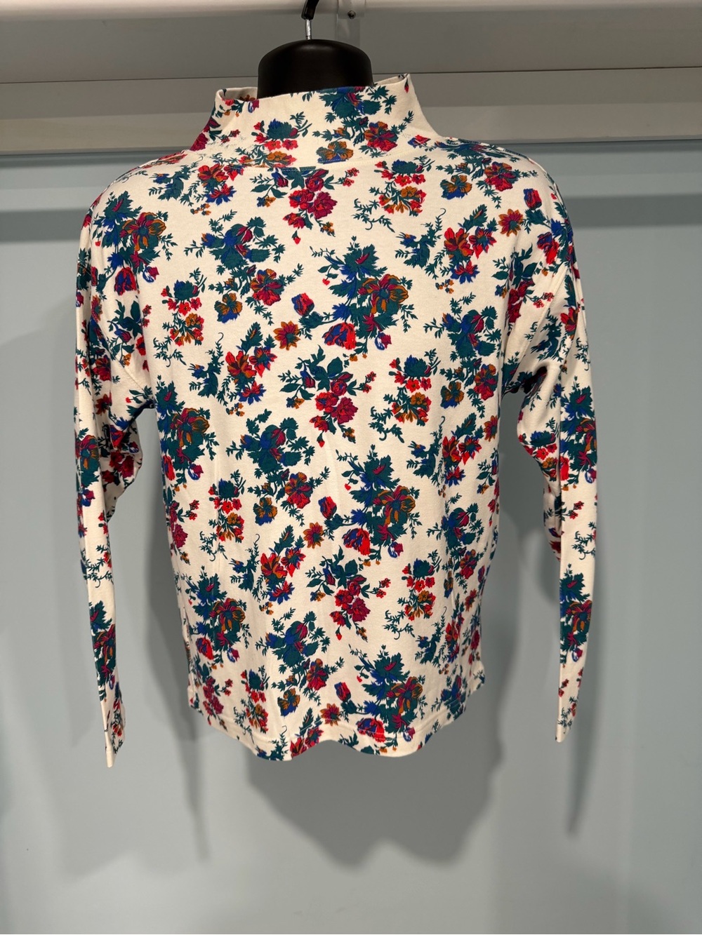 Men's Floral Mock Neck Long-Sleeve Tee in White and Teal